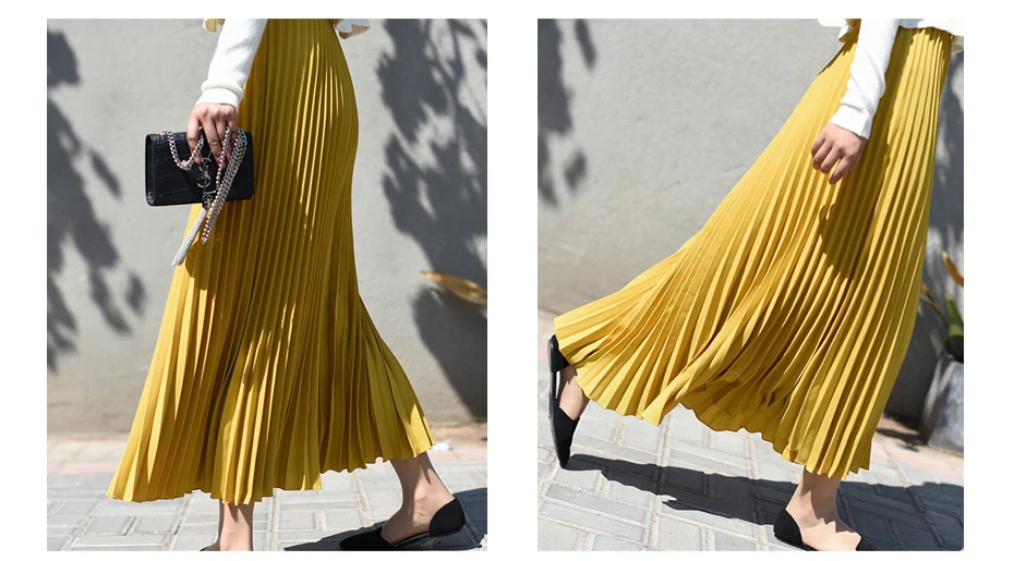 Vintage Pleated Midi Long Skirt For Women Korean Fashion Casual High Waist Chiffon Skirts Jupe Faldas 18 Color Spring Autumn