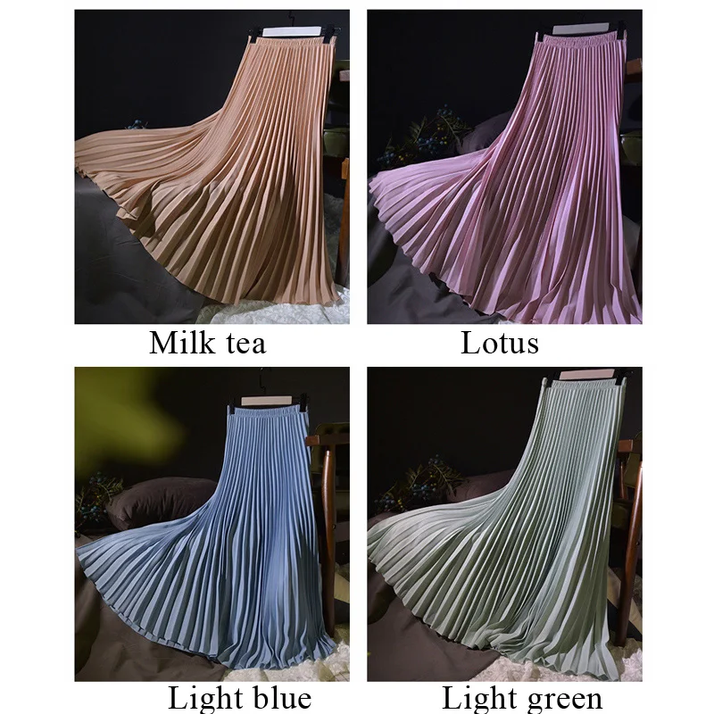 Vintage Pleated Midi Long Skirt For Women Korean Fashion Casual High Waist Chiffon Skirts Jupe Faldas 18 Color Spring Autumn