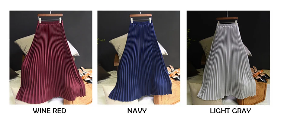 Vintage Pleated Midi Long Skirt For Women Korean Fashion Casual High Waist Chiffon Skirts Jupe Faldas 18 Color Spring Autumn