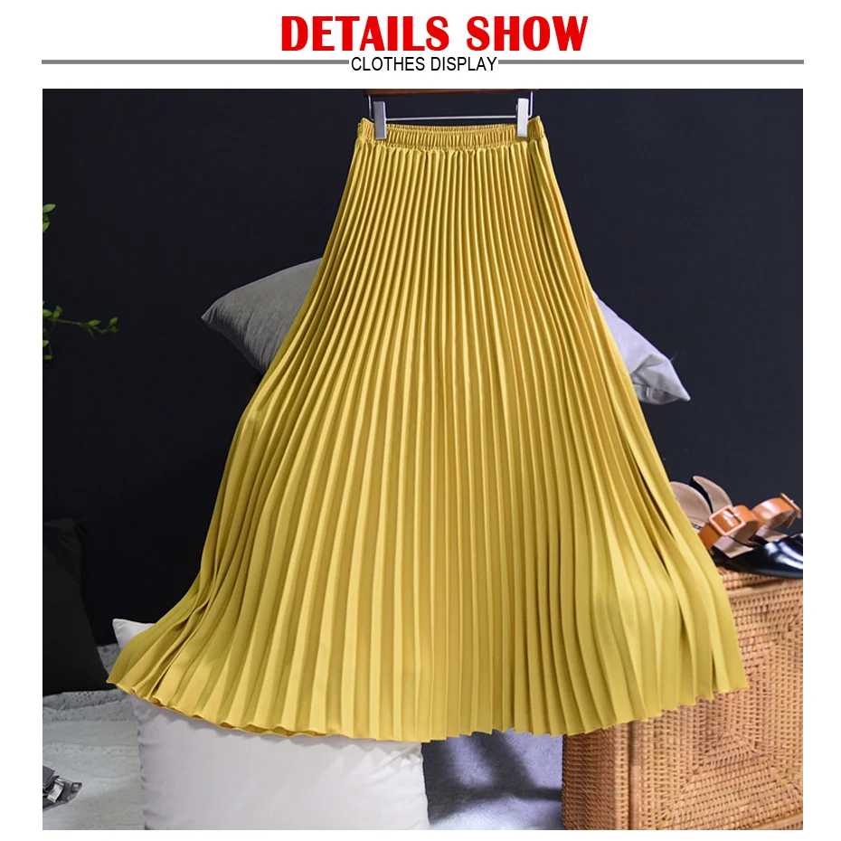 Vintage Pleated Midi Long Skirt For Women Korean Fashion Casual High Waist Chiffon Skirts Jupe Faldas 18 Color Spring Autumn