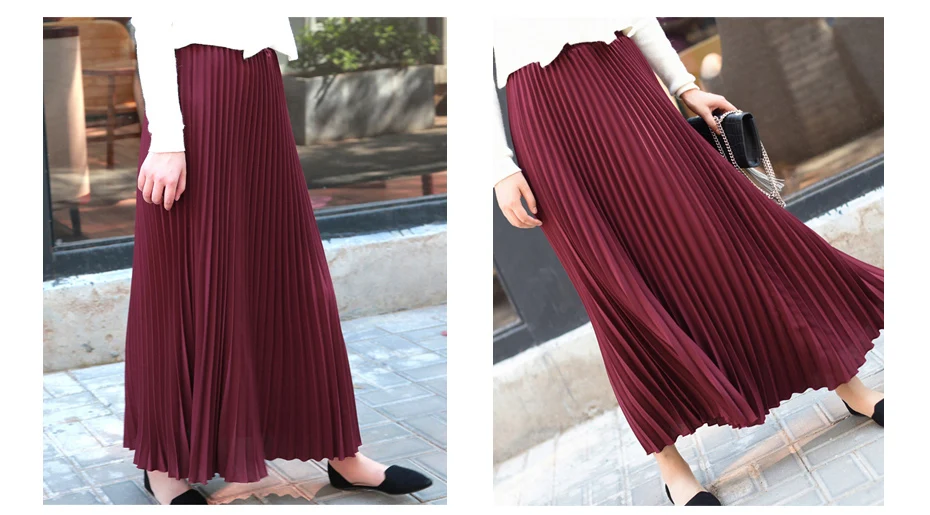 Vintage Pleated Midi Long Skirt For Women Korean Fashion Casual High Waist Chiffon Skirts Jupe Faldas 18 Color Spring Autumn