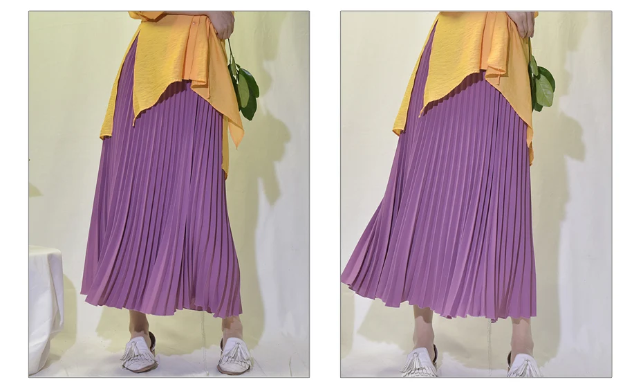Vintage Pleated Midi Long Skirt For Women Korean Fashion Casual High Waist Chiffon Skirts Jupe Faldas 18 Color Spring Autumn