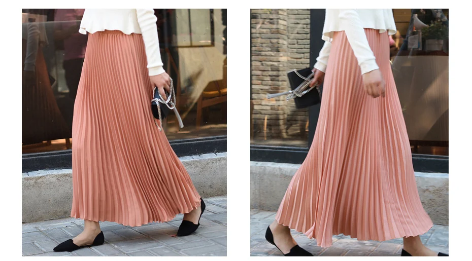 Vintage Pleated Midi Long Skirt For Women Korean Fashion Casual High Waist Chiffon Skirts Jupe Faldas 18 Color Spring Autumn