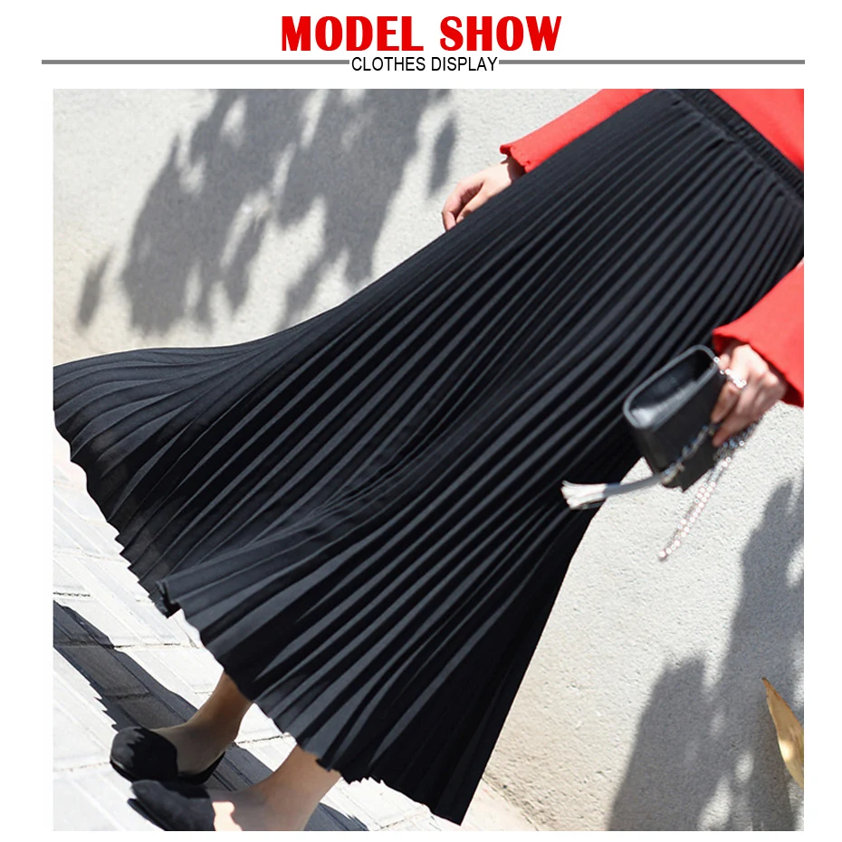 Vintage Pleated Midi Long Skirt For Women Korean Fashion Casual High Waist Chiffon Skirts Jupe Faldas 18 Color Spring Autumn