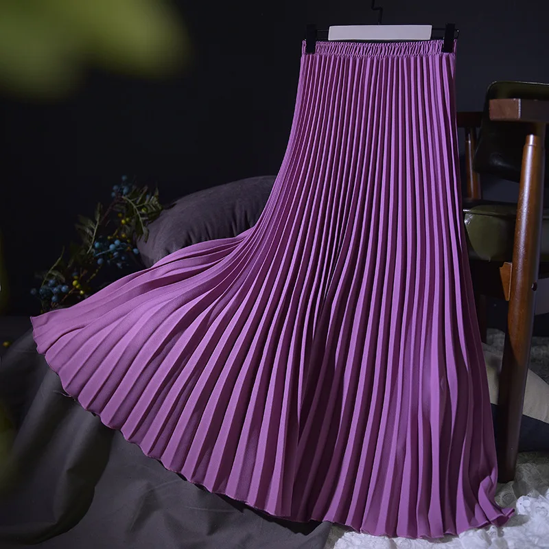 Vintage Pleated Midi Long Skirt For Women Korean Fashion Casual High Waist Chiffon Skirts Jupe Faldas 18 Color Spring Autumn
