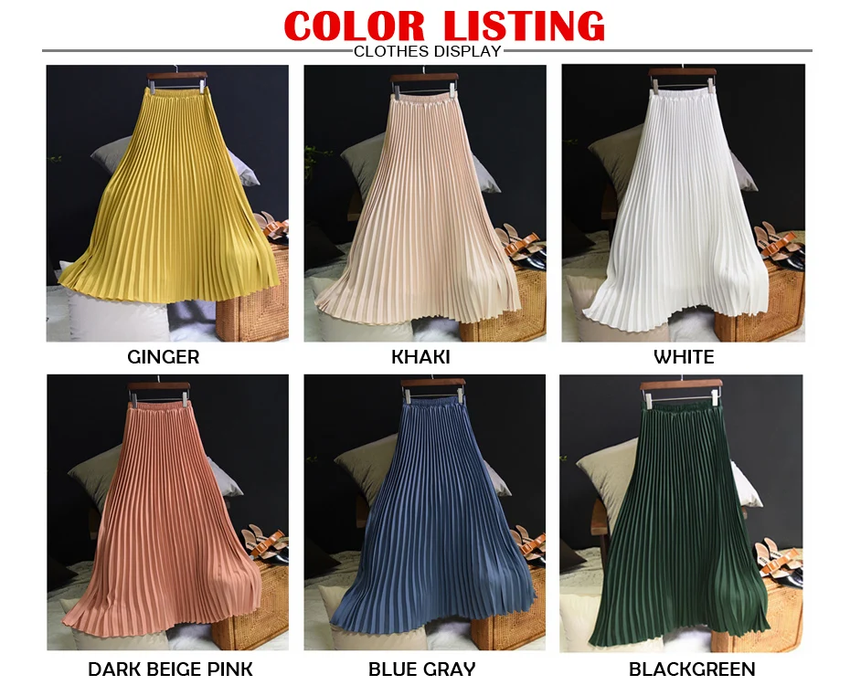 Vintage Pleated Midi Long Skirt For Women Korean Fashion Casual High Waist Chiffon Skirts Jupe Faldas 18 Color Spring Autumn