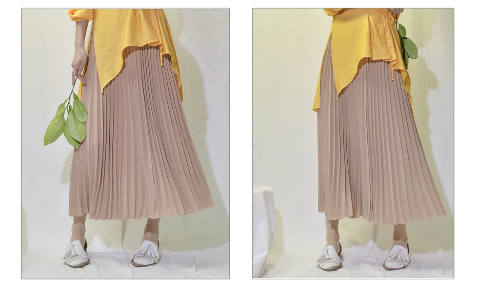 Vintage Pleated Midi Long Skirt For Women Korean Fashion Casual High Waist Chiffon Skirts Jupe Faldas 18 Color Spring Autumn