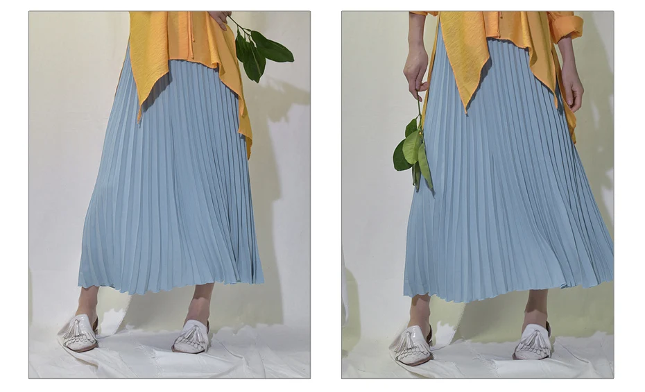 Vintage Pleated Midi Long Skirt For Women Korean Fashion Casual High Waist Chiffon Skirts Jupe Faldas 18 Color Spring Autumn