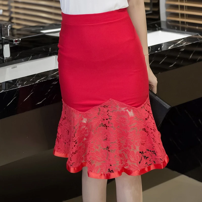 Women Summer New Casual Patchwork lolita Lace Pencil Skirt High Waist