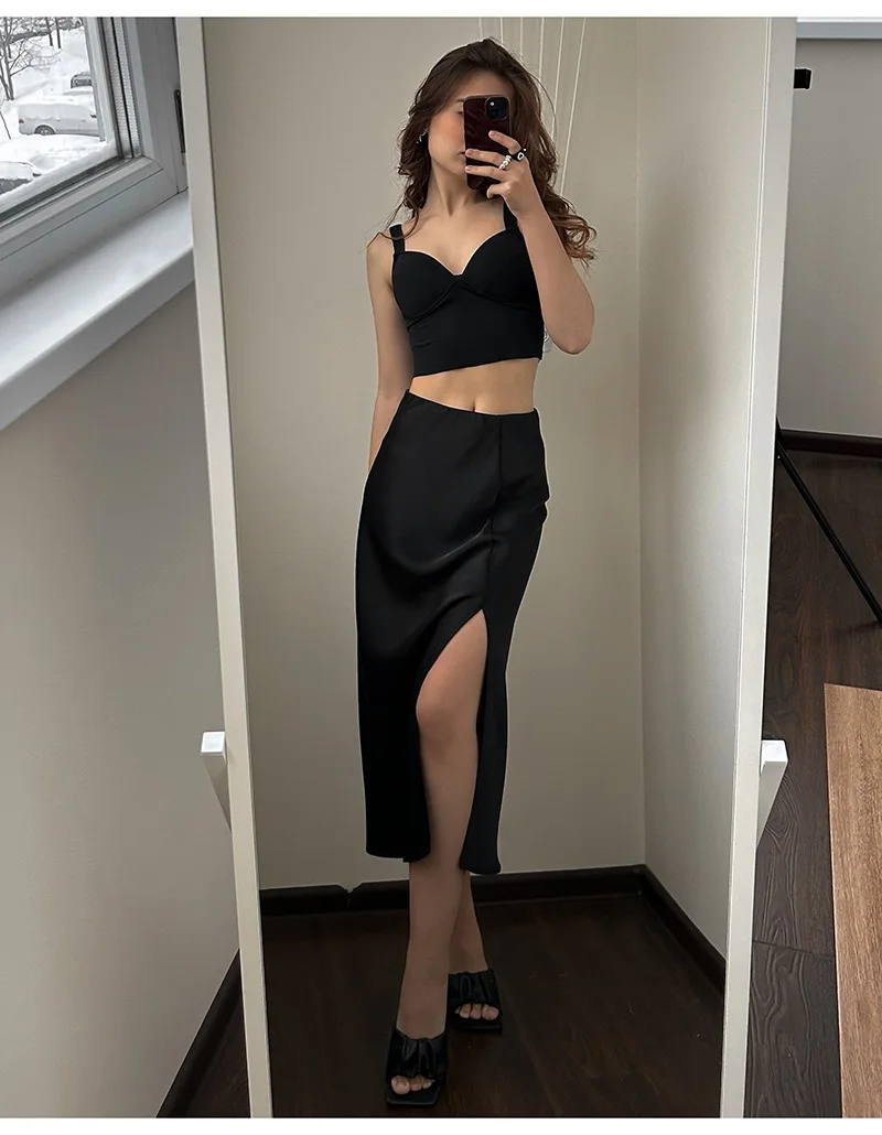 Women High Quality Satin Skirt Midi Elastic Waist Split Skirts Ladies Office Black A Line Satin Skirts With Split For Women