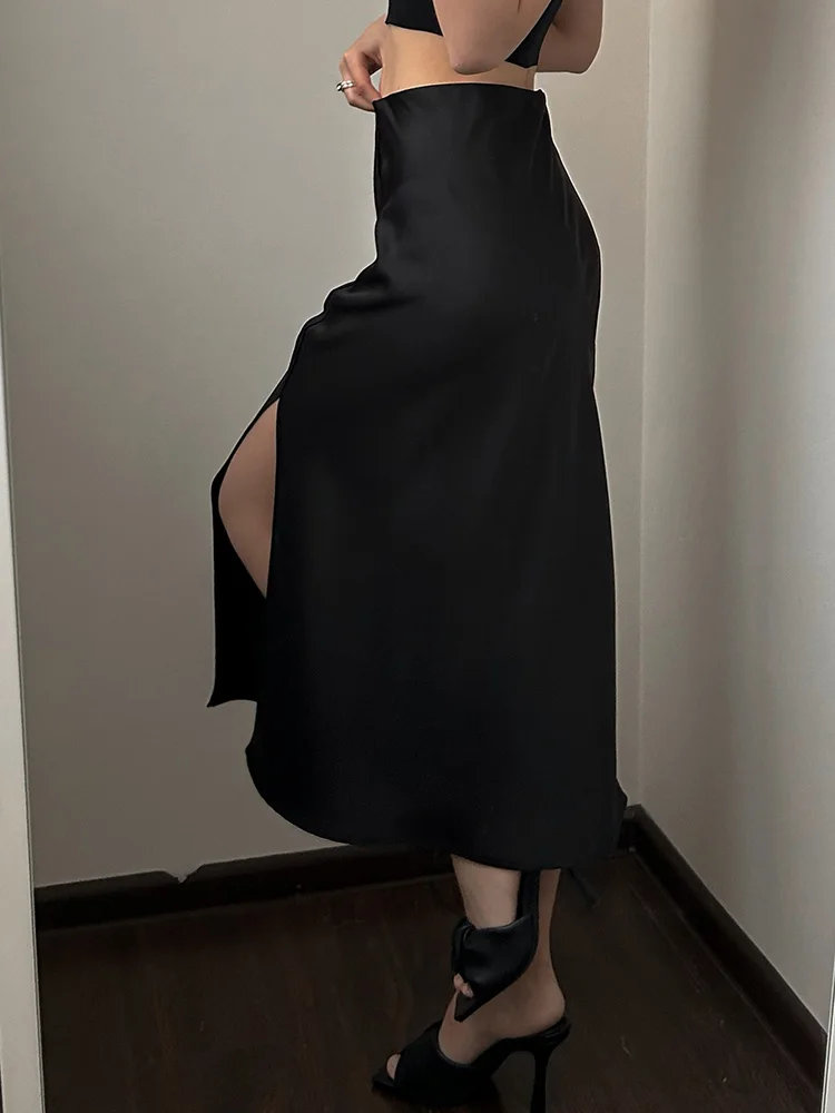 Women High Quality Satin Skirt Midi Elastic Waist Split Skirts Ladies Office Black A Line Satin Skirts With Split For Women
