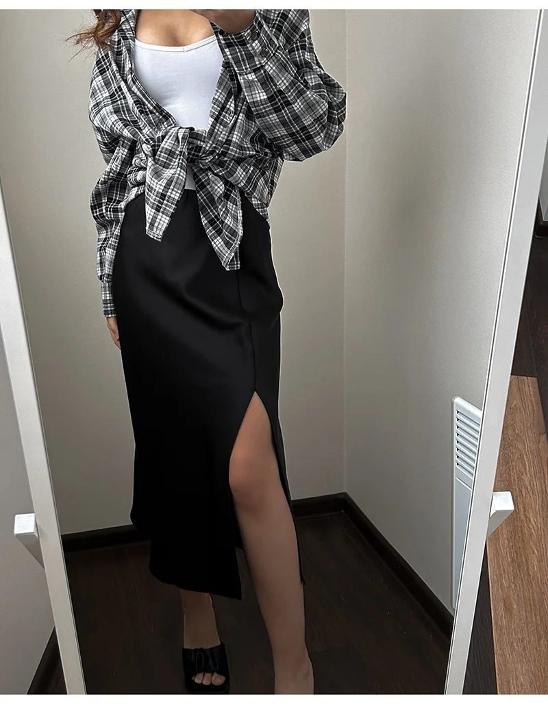 Women High Quality Satin Skirt Midi Elastic Waist Split Skirts Ladies Office Black A Line Satin Skirts With Split For Women