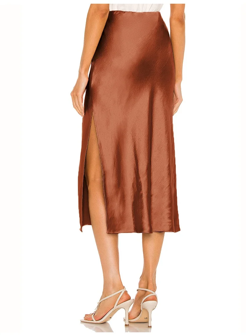 Women High Quality Satin Skirt Midi Elastic Waist Split Skirts Ladies Office Black A Line Satin Skirts With Split For Women
