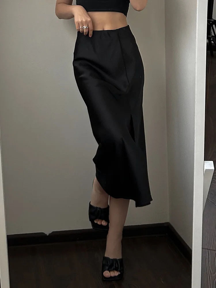 Women High Quality Satin Skirt Midi Elastic Waist Split Skirts Ladies Office Black A Line Satin Skirts With Split For Women