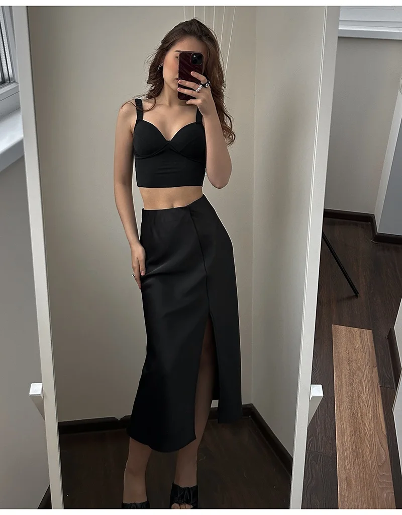 Women High Quality Satin Skirt Midi Elastic Waist Split Skirts Ladies Office Black A Line Satin Skirts With Split For Women