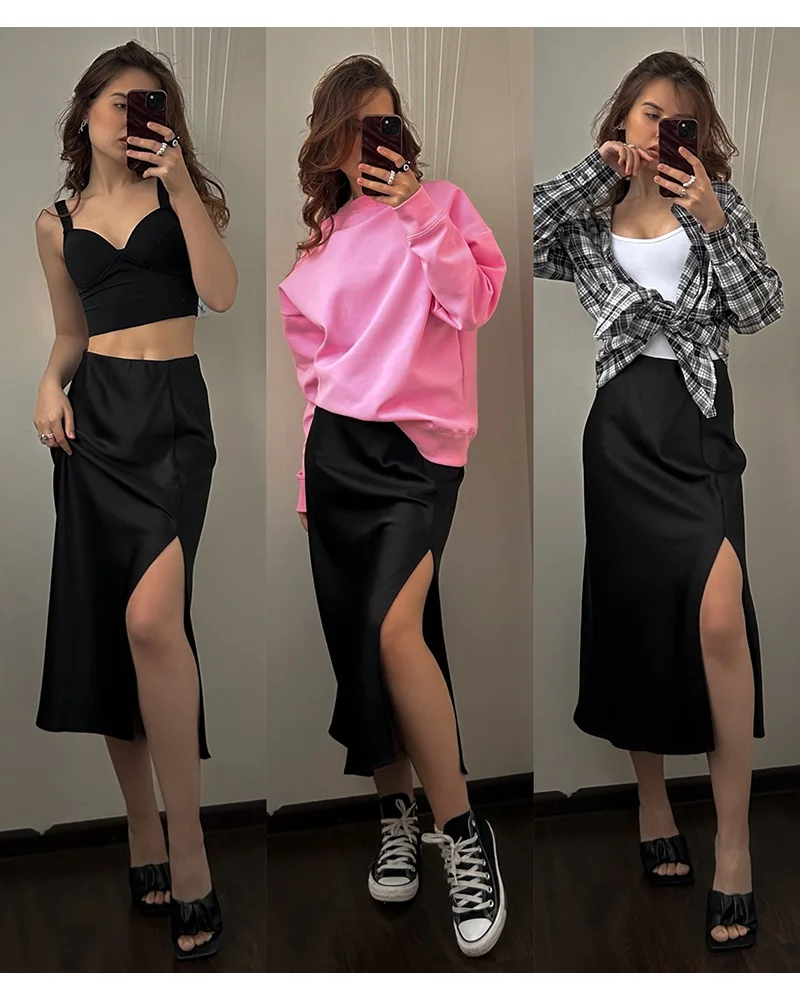 Women High Quality Satin Skirt Midi Elastic Waist Split Skirts Ladies Office Black A Line Satin Skirts With Split For Women