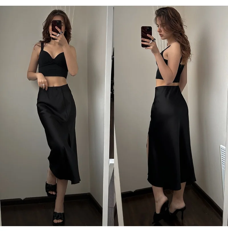Women High Quality Satin Skirt Midi Elastic Waist Split Skirts Ladies Office Black A Line Satin Skirts With Split For Women