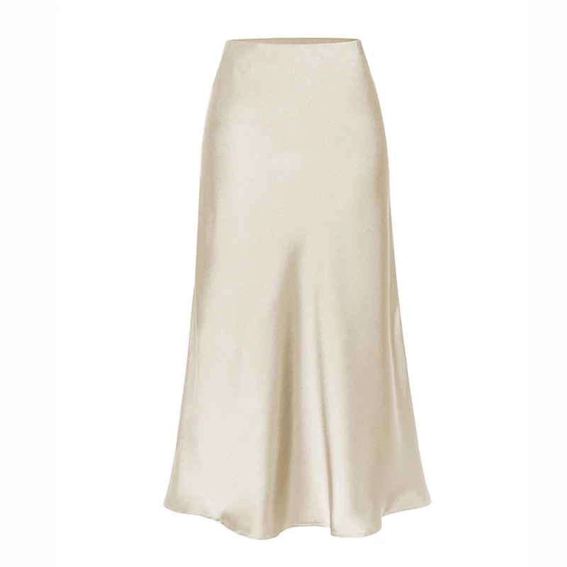 Women High Quality Satin Skirt Midi Elastic Waist Split Skirts Ladies Office Black A Line Satin Skirts With Split For Women
