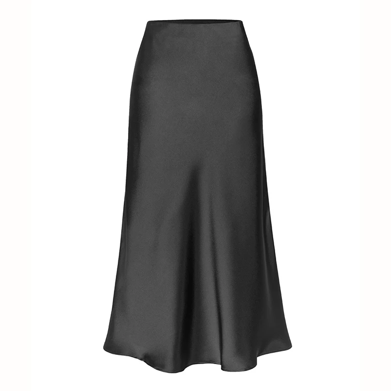 Women High Quality Satin Skirt Midi Elastic Waist Split Skirts Ladies Office Black A Line Satin Skirts With Split For Women