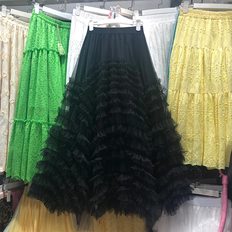 Voille Skirts Women Y2k High Waist Elastic Jupe Ladies Tulle Cake Mujer Faldas Ruffles Long Female Casual Mesh Skirt Dropship