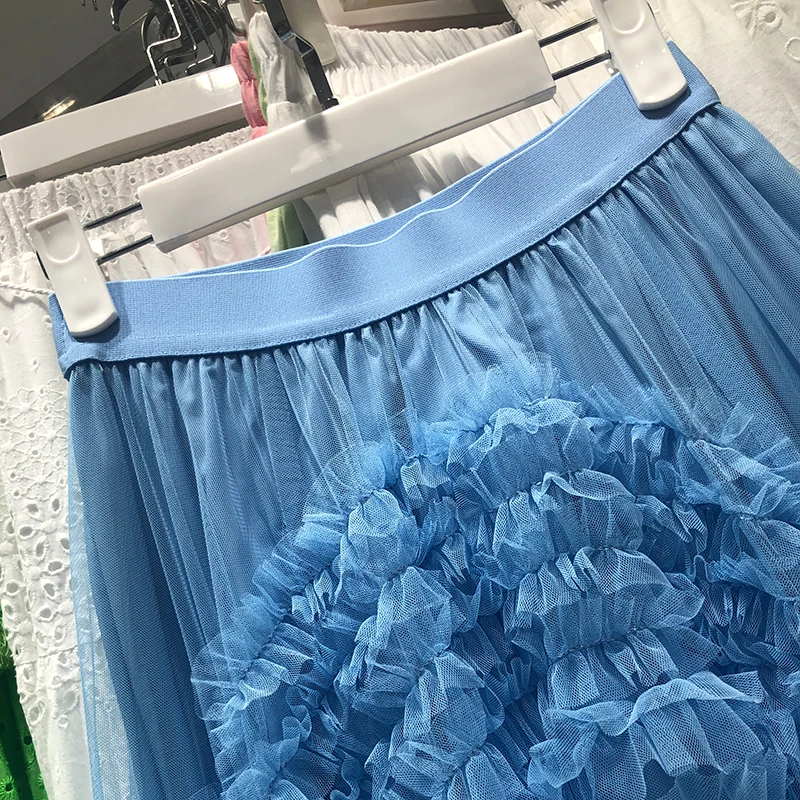 Voille Skirts Women Y2k High Waist Elastic Jupe Ladies Tulle Cake Mujer Faldas Ruffles Long Female Casual Mesh Skirt Dropship