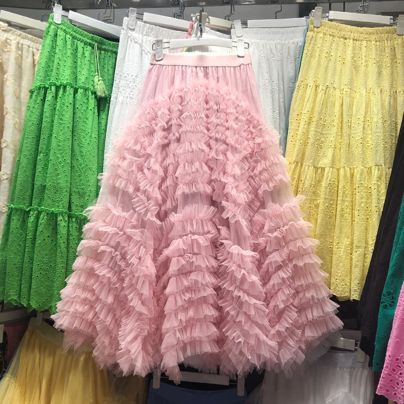 Voille Skirts Women Y2k High Waist Elastic Jupe Ladies Tulle Cake Mujer Faldas Ruffles Long Female Casual Mesh Skirt Dropship
