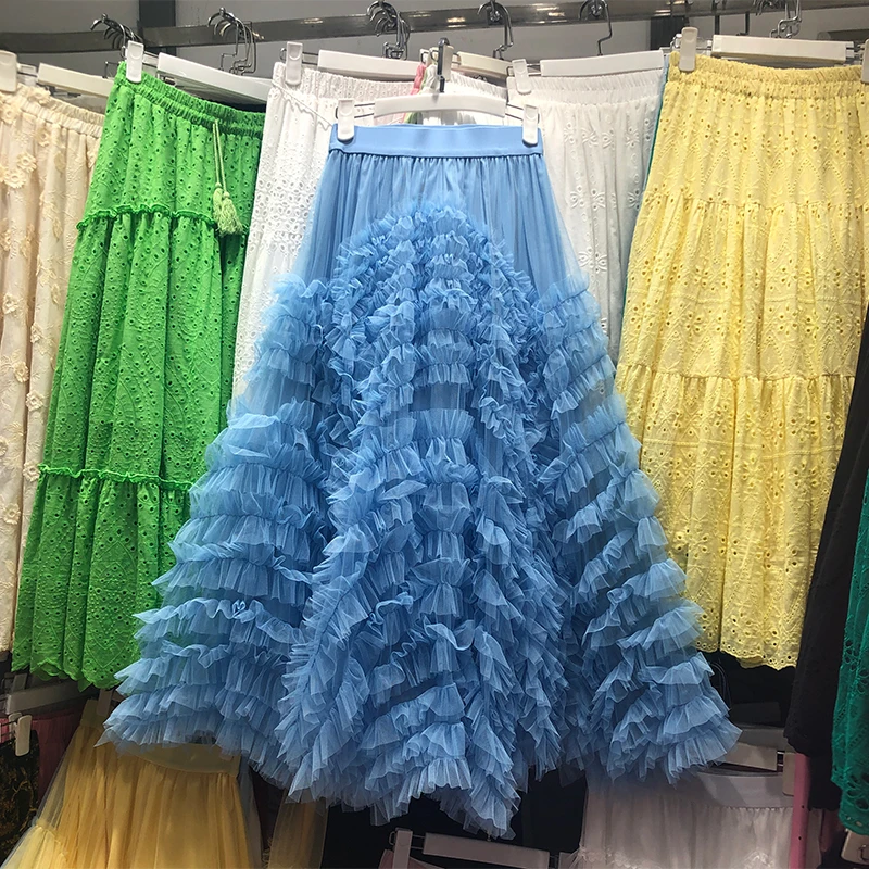 Voille Skirts Women Y2k High Waist Elastic Jupe Ladies Tulle Cake Mujer Faldas Ruffles Long Female Casual Mesh Skirt Dropship