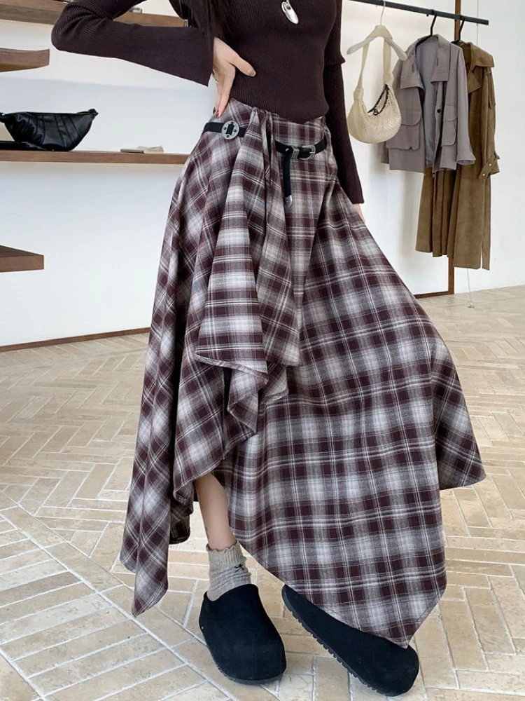 Qiukichonson Long Skirts Women Woolen Skirt 2025 Goth Autumn Winter High Waist Ruffles Asymmetrical Plaid Skirt Maxi With Belt