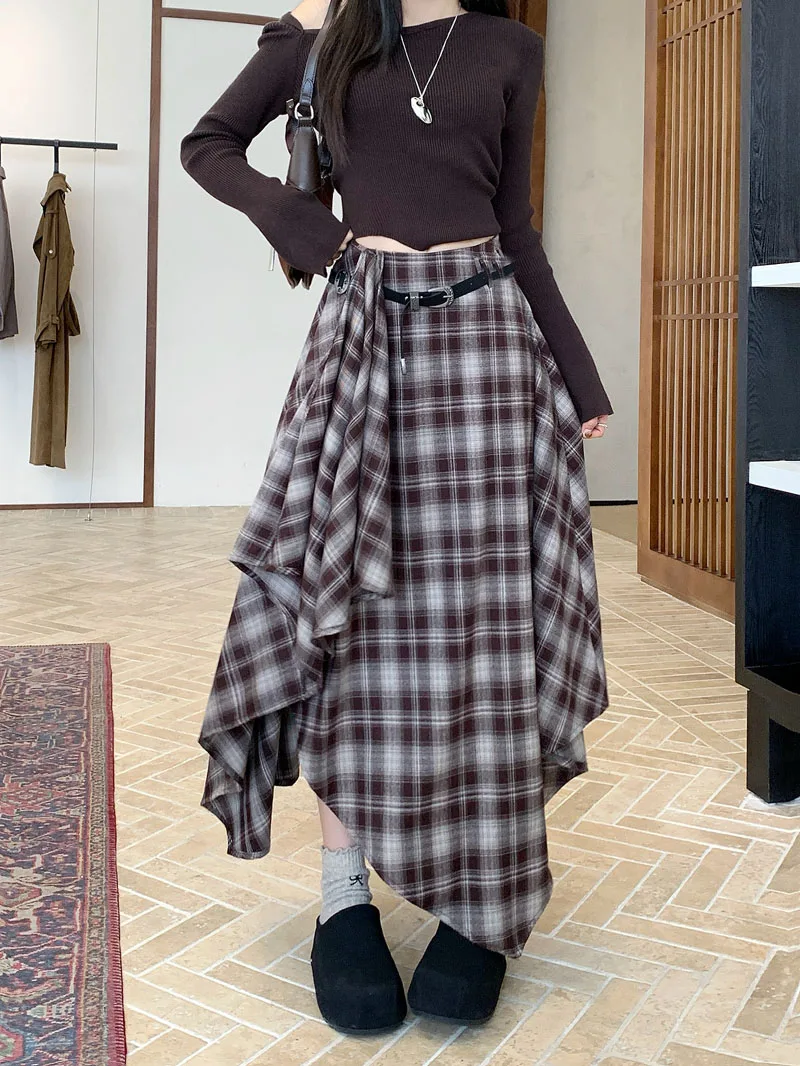 Qiukichonson Long Skirts Women Woolen Skirt 2025 Goth Autumn Winter High Waist Ruffles Asymmetrical Plaid Skirt Maxi With Belt