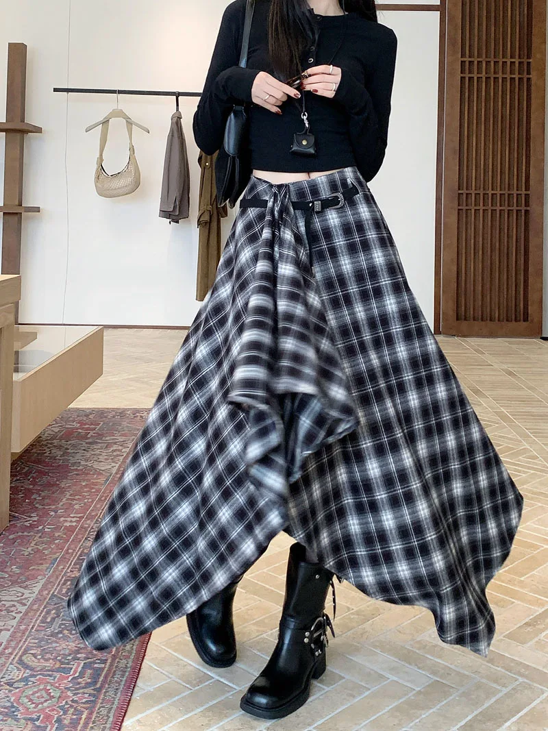 Qiukichonson Long Skirts Women Woolen Skirt 2025 Goth Autumn Winter High Waist Ruffles Asymmetrical Plaid Skirt Maxi With Belt