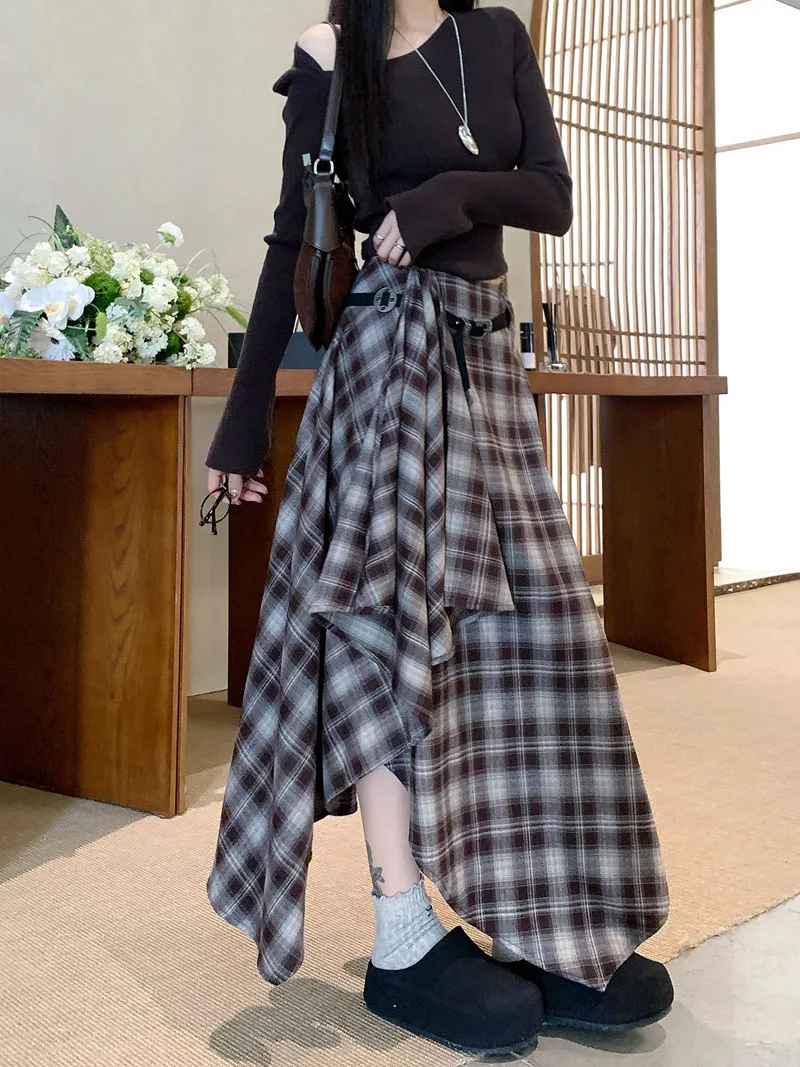 Qiukichonson Long Skirts Women Woolen Skirt 2025 Goth Autumn Winter High Waist Ruffles Asymmetrical Plaid Skirt Maxi With Belt