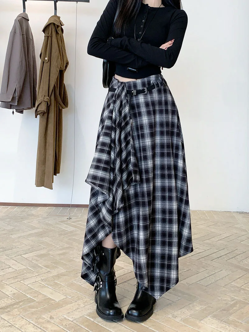 Qiukichonson Long Skirts Women Woolen Skirt 2025 Goth Autumn Winter High Waist Ruffles Asymmetrical Plaid Skirt Maxi With Belt