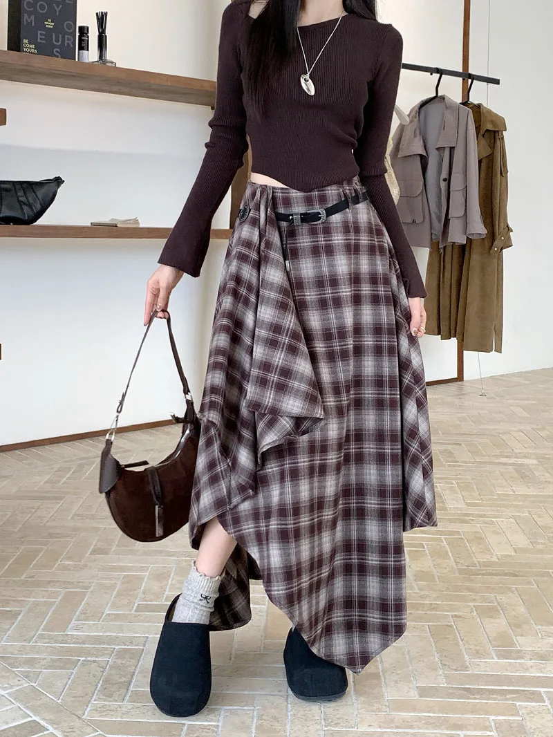 Qiukichonson Long Skirts Women Woolen Skirt 2025 Goth Autumn Winter High Waist Ruffles Asymmetrical Plaid Skirt Maxi With Belt