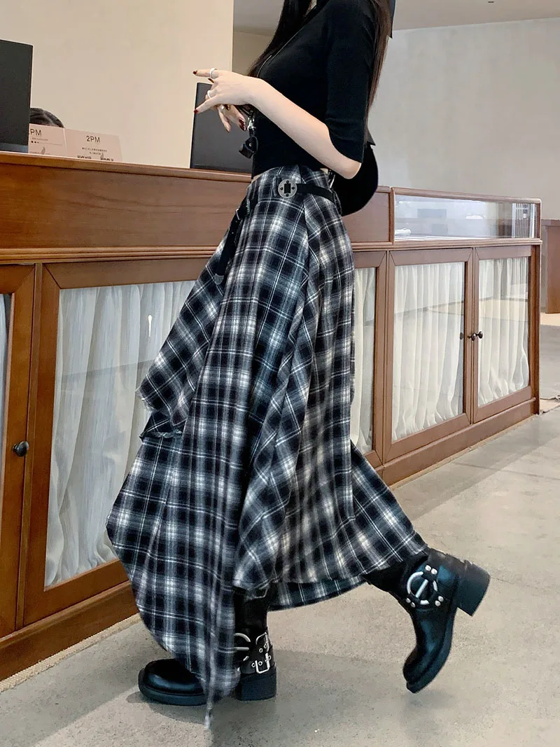 Qiukichonson Long Skirts Women Woolen Skirt 2025 Goth Autumn Winter High Waist Ruffles Asymmetrical Plaid Skirt Maxi With Belt