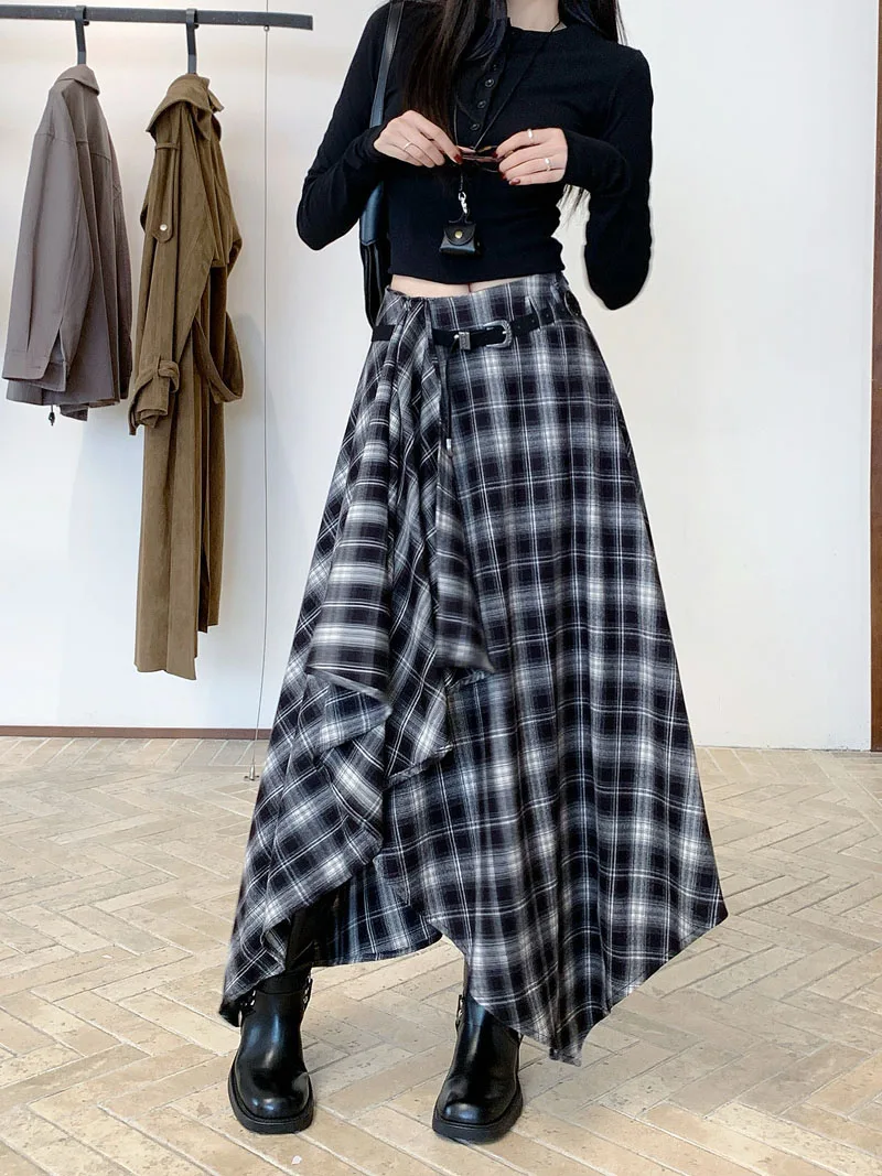 Qiukichonson Long Skirts Women Woolen Skirt 2025 Goth Autumn Winter High Waist Ruffles Asymmetrical Plaid Skirt Maxi With Belt