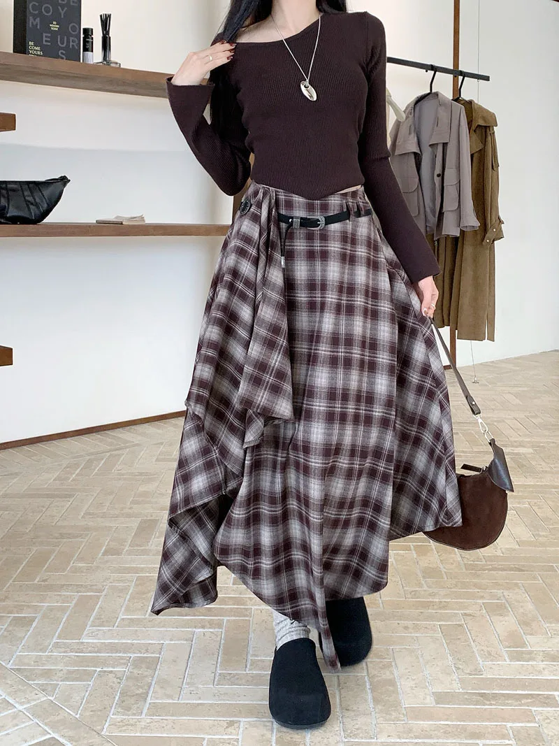 Qiukichonson Long Skirts Women Woolen Skirt 2025 Goth Autumn Winter High Waist Ruffles Asymmetrical Plaid Skirt Maxi With Belt