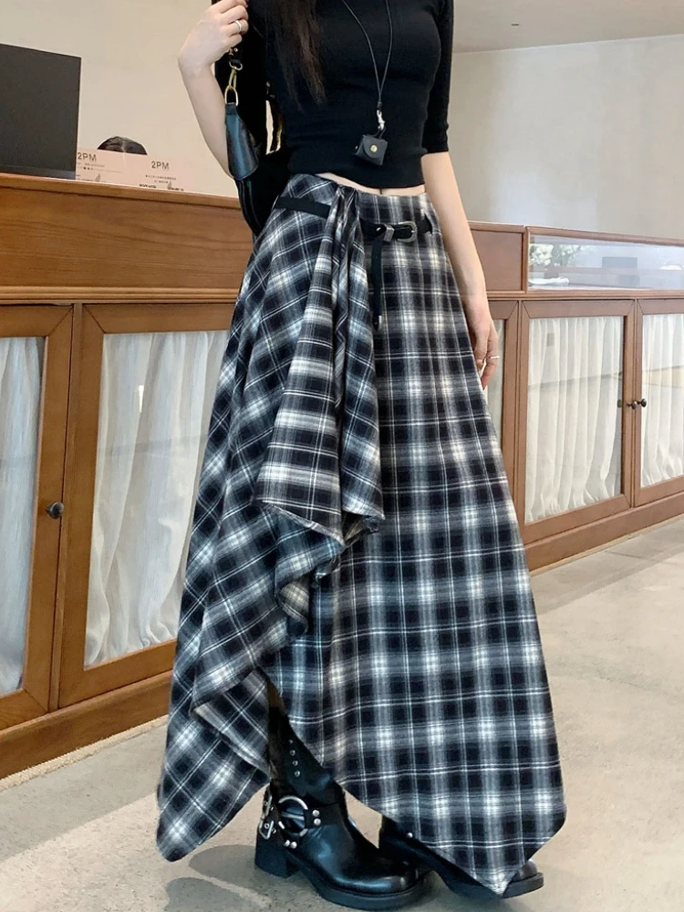 Qiukichonson Long Skirts Women Woolen Skirt 2025 Goth Autumn Winter High Waist Ruffles Asymmetrical Plaid Skirt Maxi With Belt
