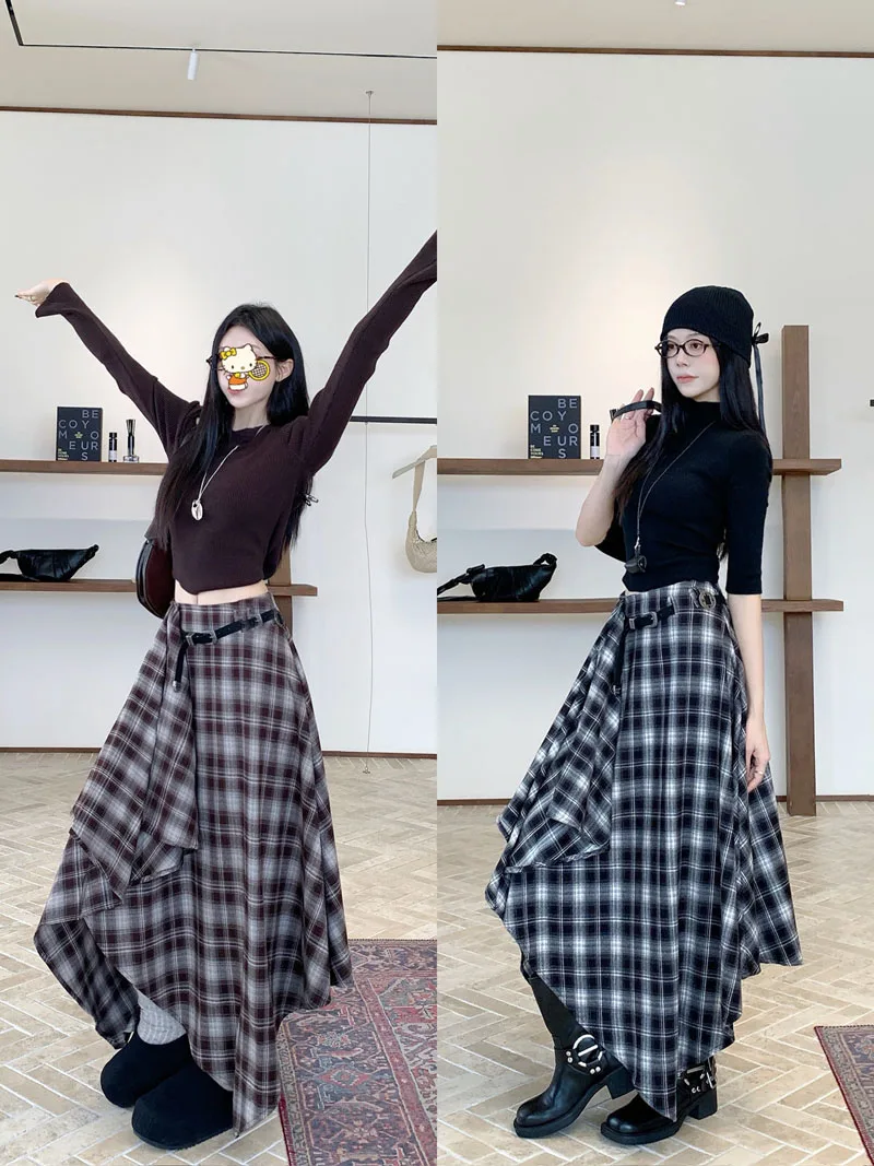 Qiukichonson Long Skirts Women Woolen Skirt 2025 Goth Autumn Winter High Waist Ruffles Asymmetrical Plaid Skirt Maxi With Belt