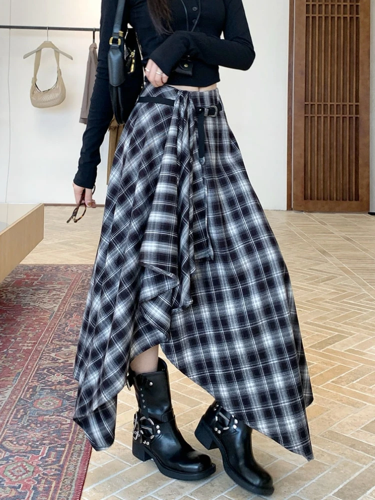 Qiukichonson Long Skirts Women Woolen Skirt 2025 Goth Autumn Winter High Waist Ruffles Asymmetrical Plaid Skirt Maxi With Belt