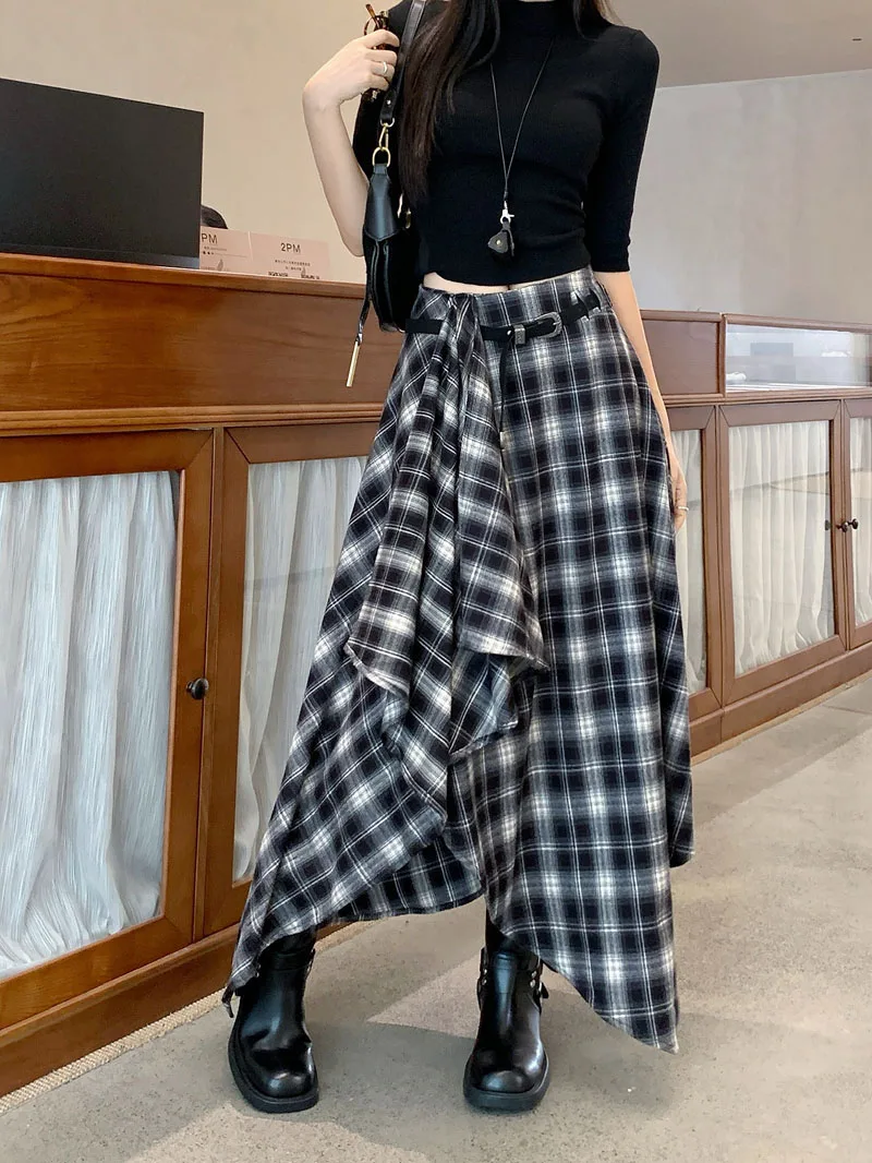 Qiukichonson Long Skirts Women Woolen Skirt 2025 Goth Autumn Winter High Waist Ruffles Asymmetrical Plaid Skirt Maxi With Belt
