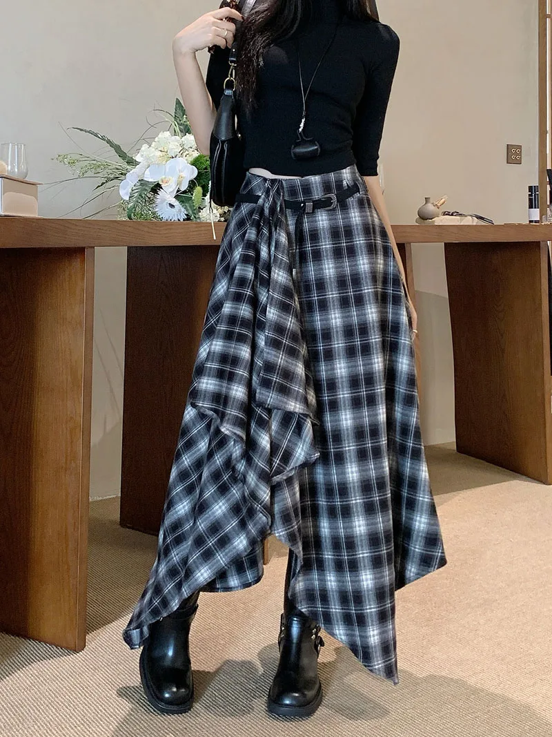 Qiukichonson Long Skirts Women Woolen Skirt 2025 Goth Autumn Winter High Waist Ruffles Asymmetrical Plaid Skirt Maxi With Belt