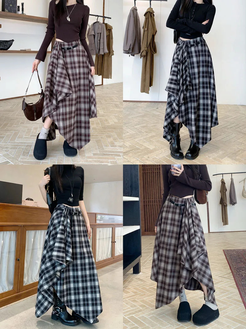 Qiukichonson Long Skirts Women Woolen Skirt 2025 Goth Autumn Winter High Waist Ruffles Asymmetrical Plaid Skirt Maxi With Belt