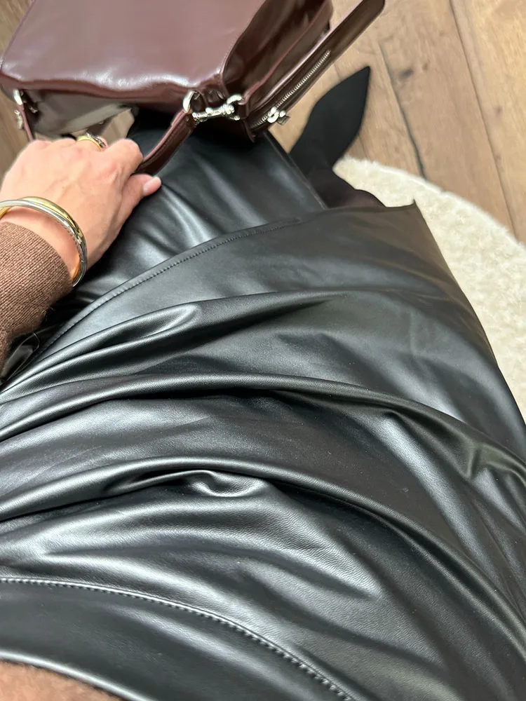 Women Midi Leather Skirt Sexy Split High Waist Zipper PU Front Slit Skirts Ladies Black Faux Leather Folded Skirt For Women