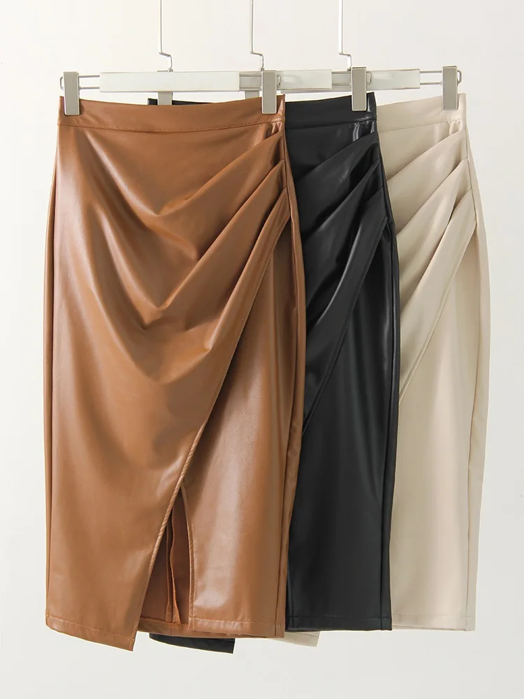Women Midi Leather Skirt Sexy Split High Waist Zipper PU Front Slit Skirts Ladies Black Faux Leather Folded Skirt For Women