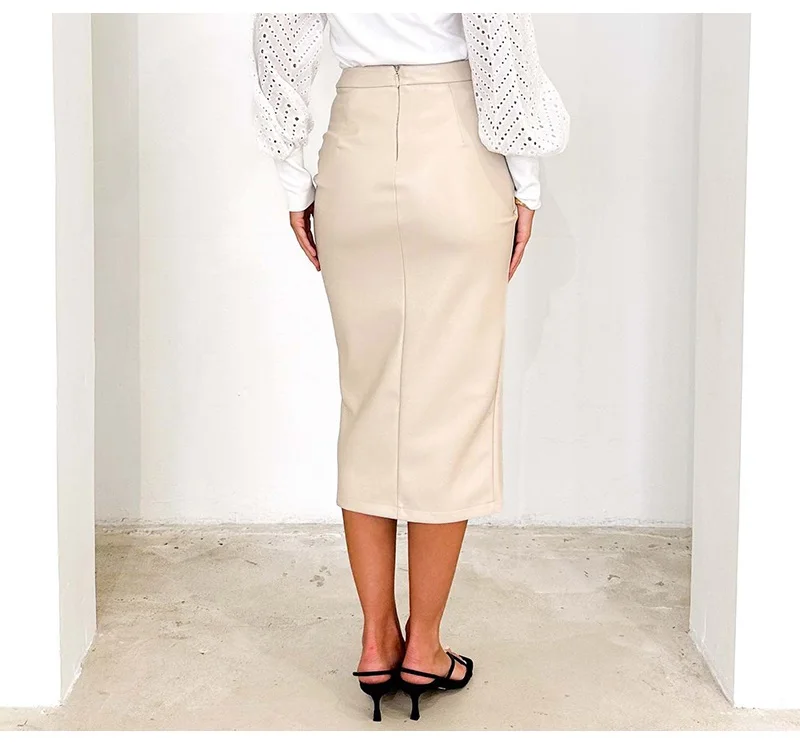 Women Midi Leather Skirt Sexy Split High Waist Zipper PU Front Slit Skirts Ladies Black Faux Leather Folded Skirt For Women