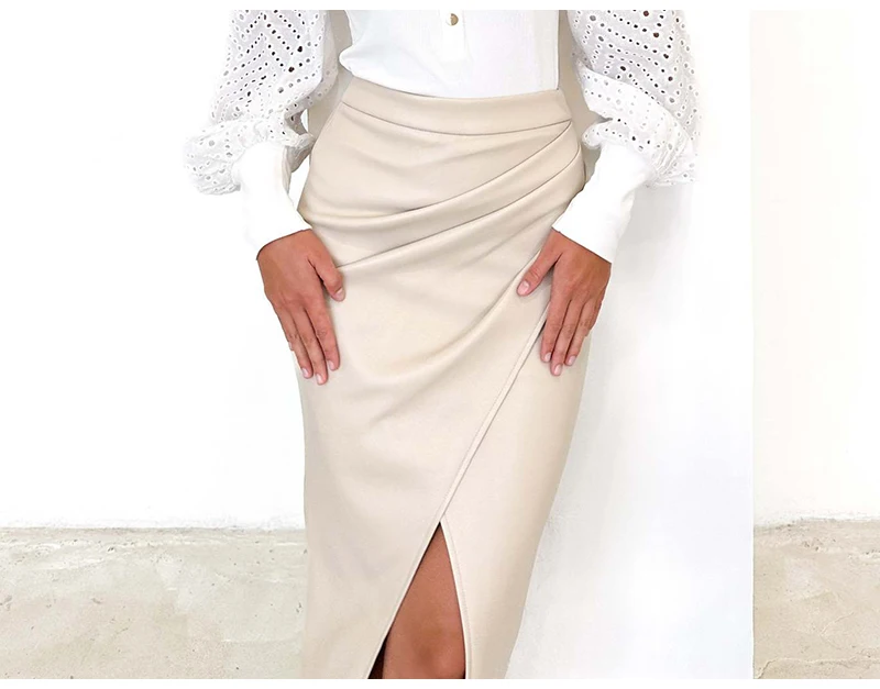 Women Midi Leather Skirt Sexy Split High Waist Zipper PU Front Slit Skirts Ladies Black Faux Leather Folded Skirt For Women