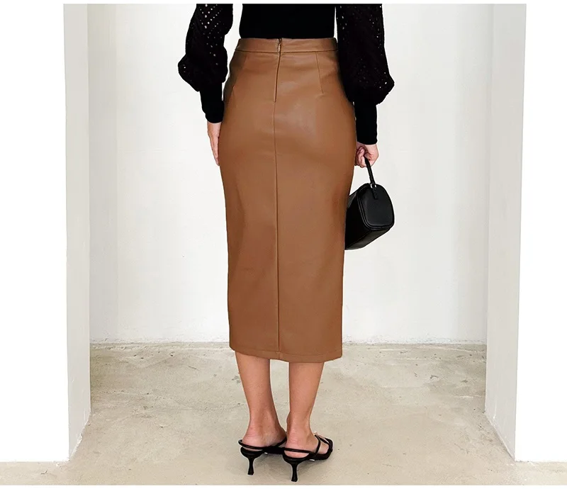 Women Midi Leather Skirt Sexy Split High Waist Zipper PU Front Slit Skirts Ladies Black Faux Leather Folded Skirt For Women
