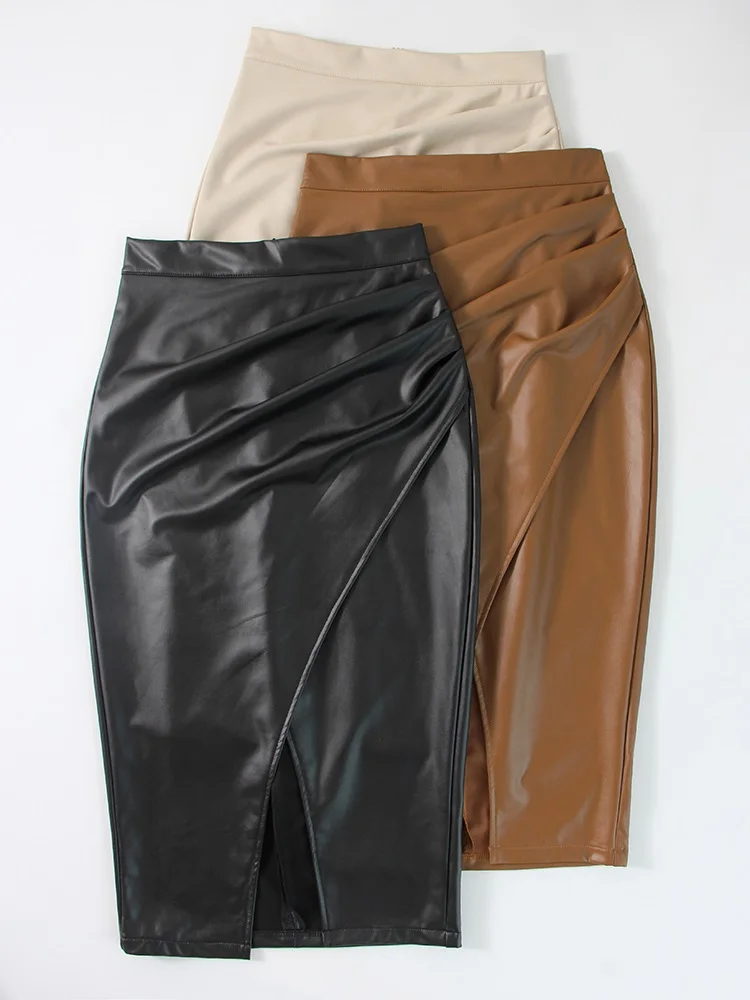 Women Midi Leather Skirt Sexy Split High Waist Zipper PU Front Slit Skirts Ladies Black Faux Leather Folded Skirt For Women