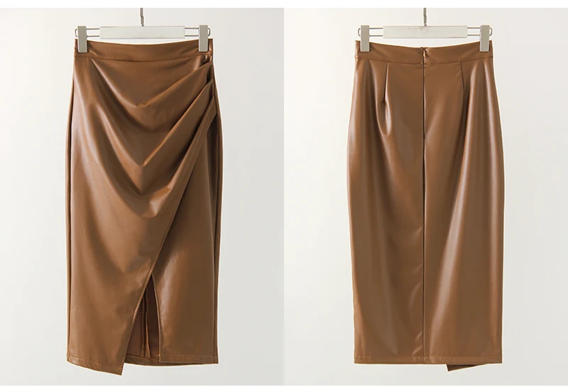 Women Midi Leather Skirt Sexy Split High Waist Zipper PU Front Slit Skirts Ladies Black Faux Leather Folded Skirt For Women