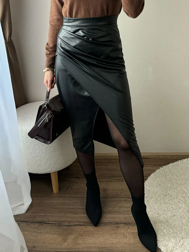 Women Midi Leather Skirt Sexy Split High Waist Zipper PU Front Slit Skirts Ladies Black Faux Leather Folded Skirt For Women